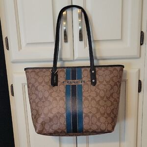 Coach Signature Brown Tote with Blue Stripes